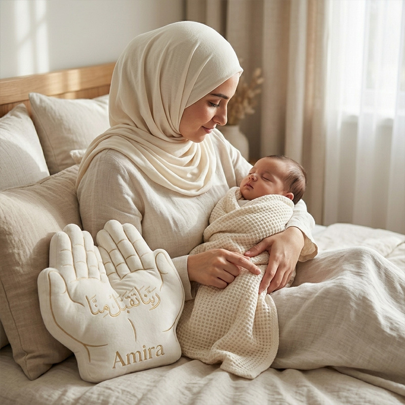 Personalized Dua Hands Arabic Calligraphy Baby Name Islamic Blessing Nursery Decor Soft Plush Cushion Pillow