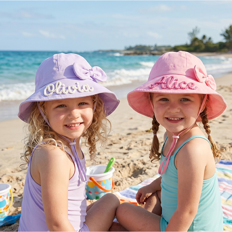 Personalized Embroidered Name Pastel Bucket Style Beach Pool Protection Adjustable Wide Brim Kids Sun Hat With Bow