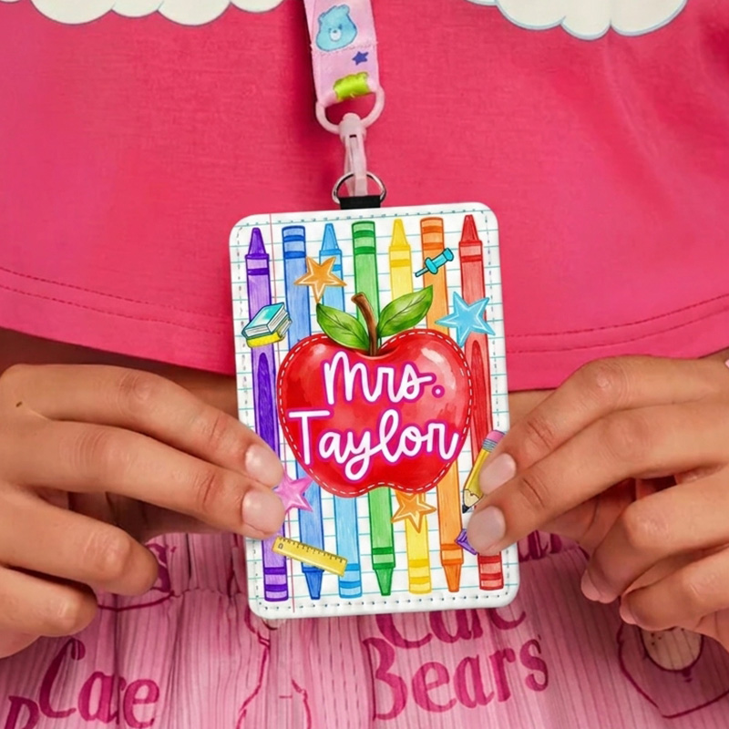 Personalized Colorful Back To School Classroom Name Tag Cute Crayon Star And Teacher Apple Art For Educators Teacher Badge Holder