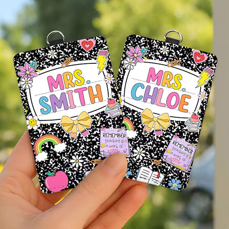 Personalized Retro Composition Notebook Style Classroom Name Tag Cute Rainbow And School Icons For Educators Teacher Badge Holder