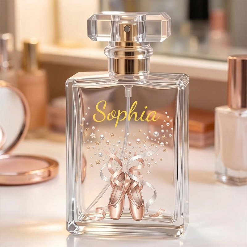 Personalized Elegant Rose Gold Ballet Slippers Sparkle Confetti Name Script Keepsake Dancer Gift Decor Perfume Bottle