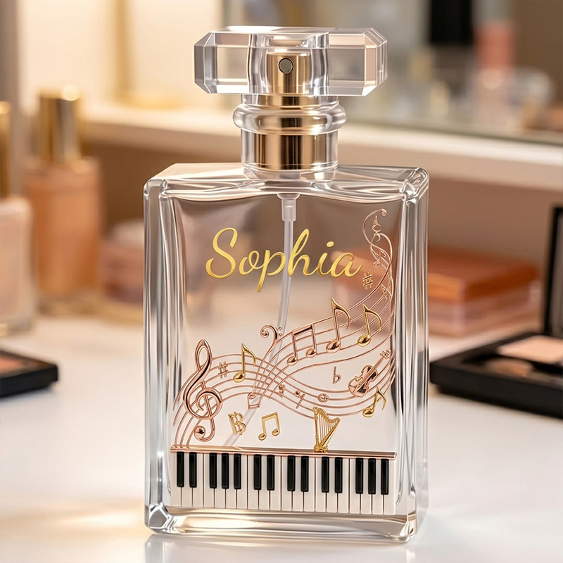 Personalized Classical Music Notes Piano Keys Rose Gold Elegant Script Name Orchestra Lover Gift Perfume Bottle