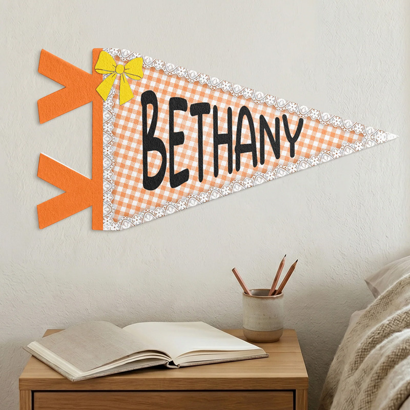 Personalized Pastel Gingham Pattern Name Bow Accent Cheerful Kids Room Wall Decor Party Banner Pennant