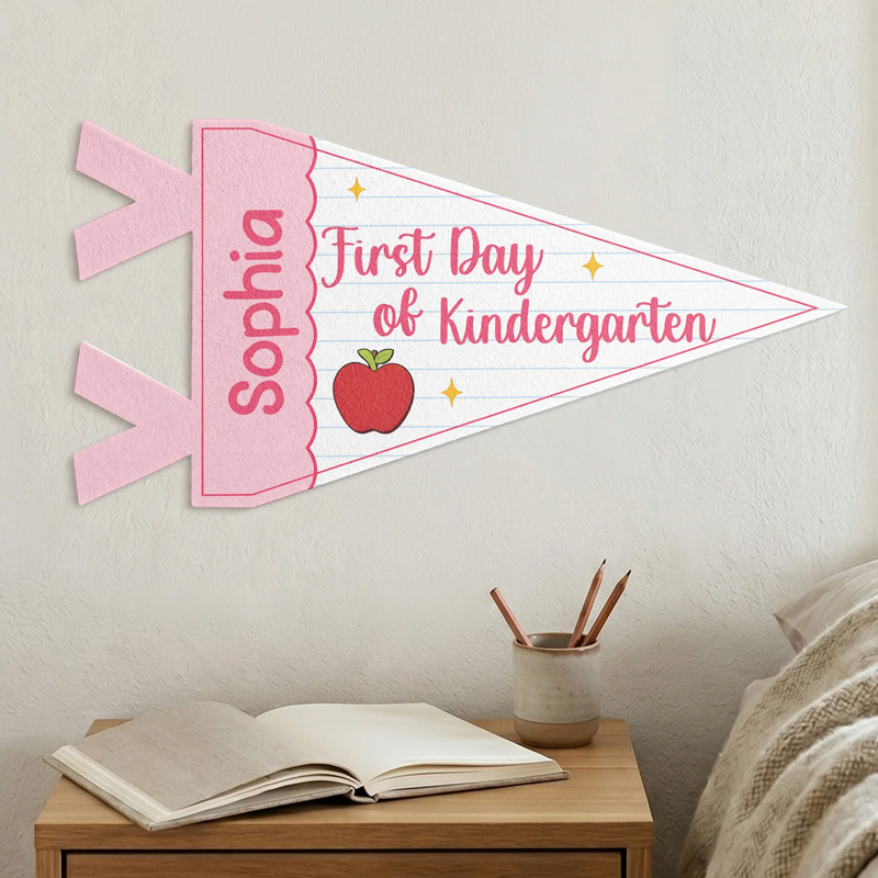 Personalized First Day Of School Apple Motif Pink Polka Dot Classroom Photo Prop Kids Name Milestone Keepsake Pennant