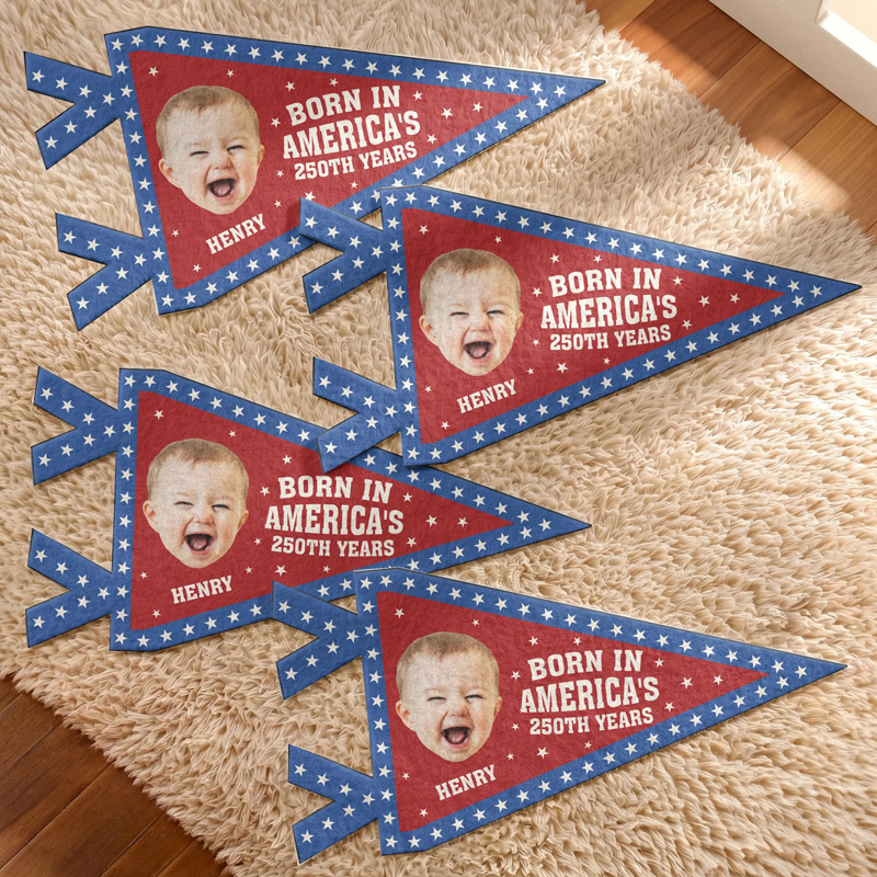Personalized Patriotic Baby Photo Born In America Fourth Of July Red White And Blue Stars Keepsake Pennant