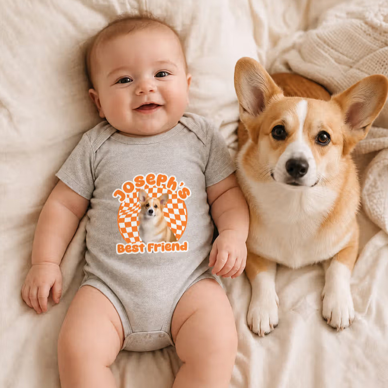 Personalized Best Friend Checkerboard Pattern Pet Photo 100% Cotton Baby Bodysuit with Name Baby Shower Birthday Gift for Daughter Son