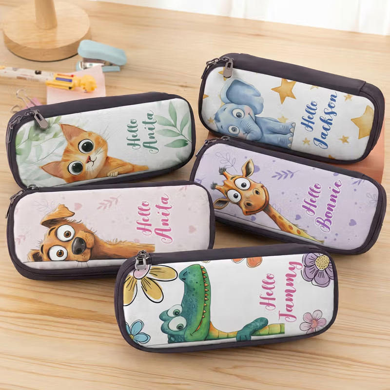Personalized Cute Animal Says Hello Durable Pencil Case with Name Back to School Birthday Gift for Boys Girls Students