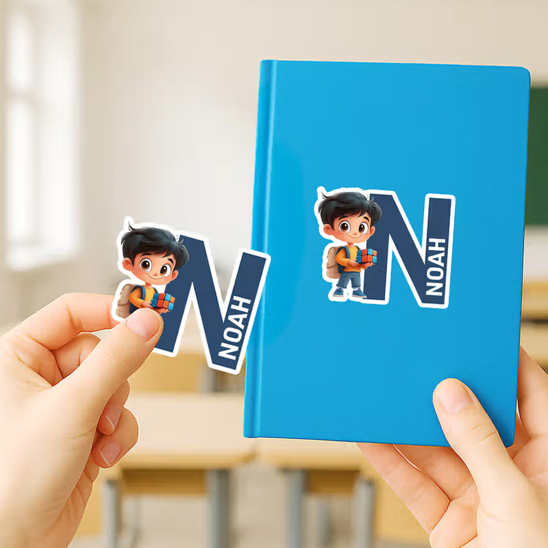 Personalized Cartoon Character Waterproof Labels Stickers with Initial and Name Birthday Back to School Gift for Boys Girls