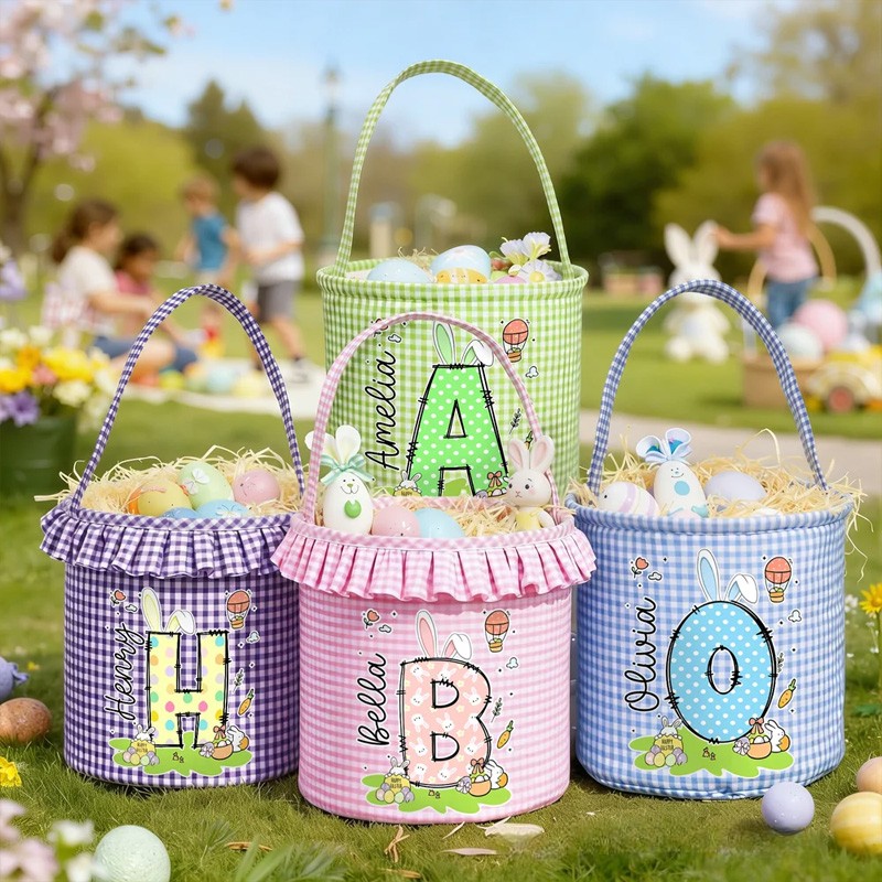 Personalized Cute Bunny Initial Flower Plaid Easter Basket with Name Easter Egg Hunt Easter Gift for Boys Girls