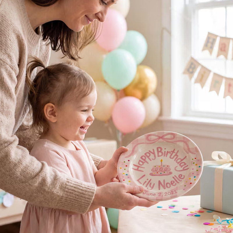 Personalized Pink Birthday Cake Bow Confetti Cute Kids Keepsake Nursery Table Display Ceramic Plate Design