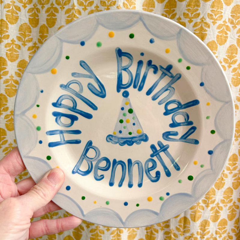 Personalized Blue Party Hat Confetti Happy Birthday Boy Kids Celebration Table Display Keepsake Ceramic Plate Design