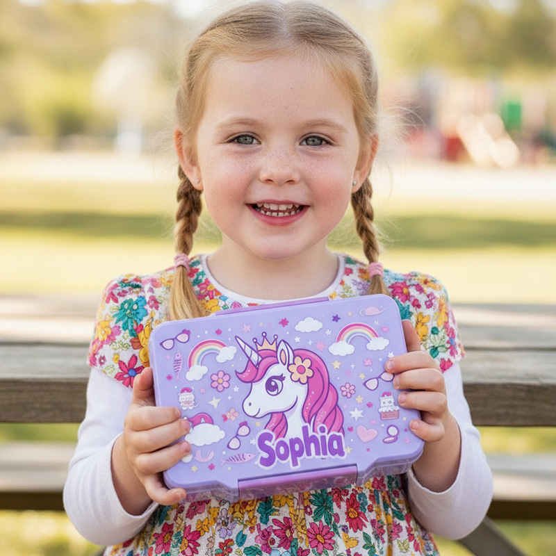 Personalized Rainbow Horse Name Kids Lunch Box Using a Spoon Fork and Sauce Container Magical Rainbow Themed Cute Girls School Snack Container Design