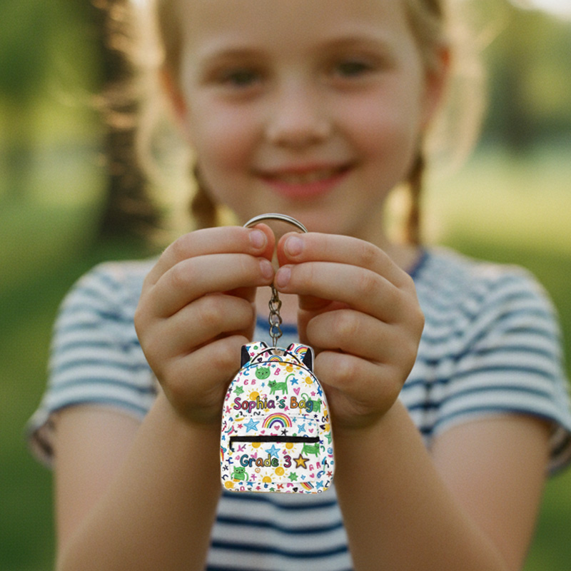 Personalized Back To School Doodle Icons Name Backpack Shape Colorful Stars Hearts Rainbows Kids Acrylic Keychain