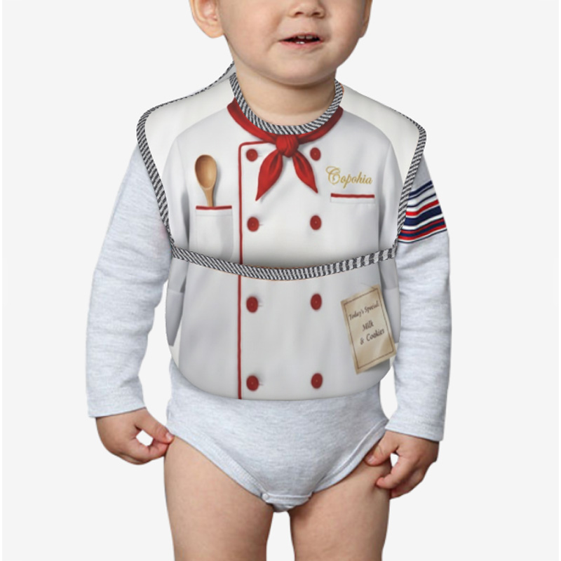 Personalized Little Chef Bib Name White Apron Printed Buttons Red Bow Wooden Spoon Cute Baby Boy Cooking Mealtime