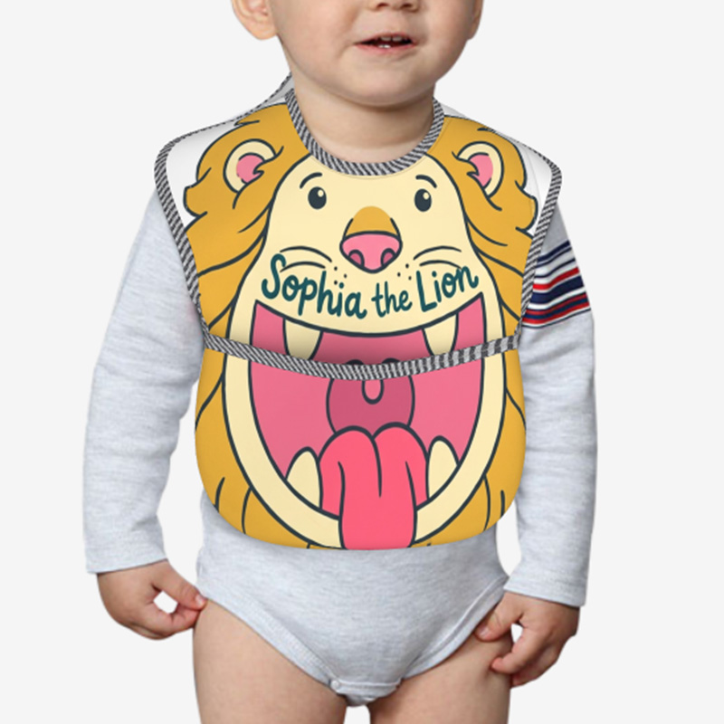 Personalized Lion Bib Name Roaring Hungry Cub Cute Jungle King Baby Boy Girl Mealtime Gift Adjustable Soft