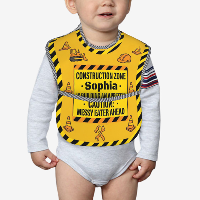 Personalized Construction Zone Bib Name Caution Messy Eater Ahead Yellow Black Stripes Trucks Cones Baby Mealtime