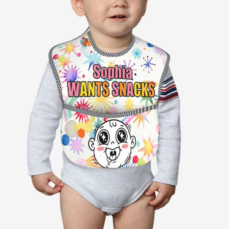 Personalized Wants Snacks Bib Name Cute Cartoon Baby Face Colorful Starburst Hungry Snack Lover Fun Mealtime