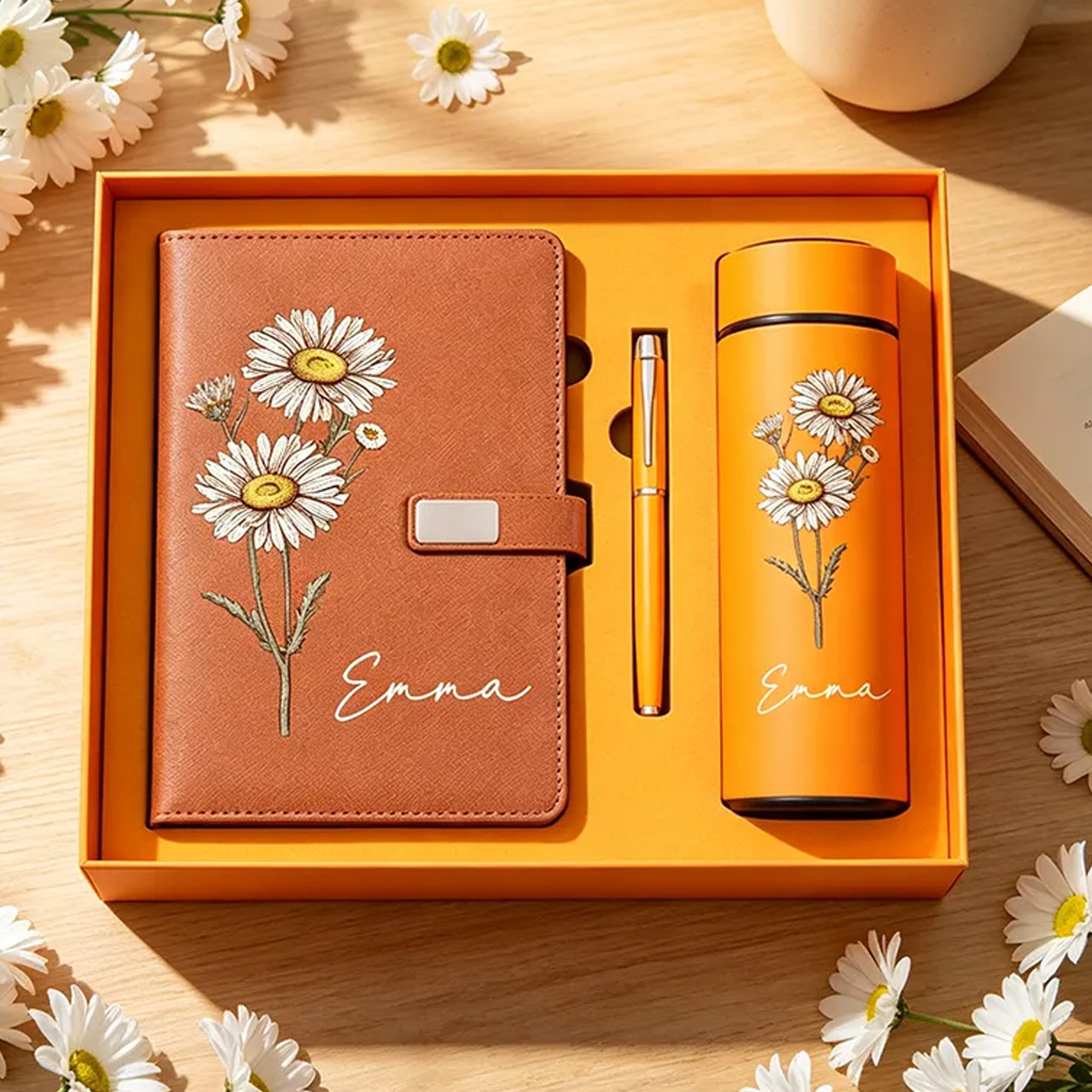 Personalized Birth Flower Notebook Pen and Cup Set Custom Name Birthday Gift for Her