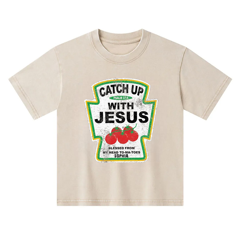 Personalized Catch Up With Jesus Scripture Tomato Blessed From My Head To Ma Toes Christian Faith Graphic Kid Washed T Shirt