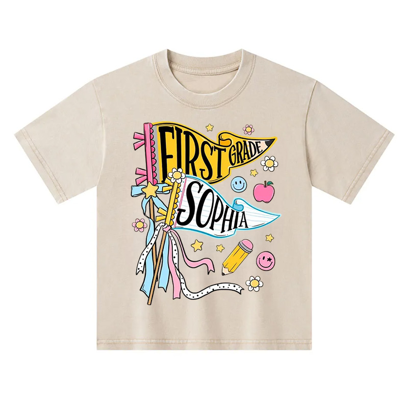 Personalized First Grade Pennant Name Back To School Cute Pastel Ribbons Stars Flowers Smiley Face Pencil Kid Washed T Shirt