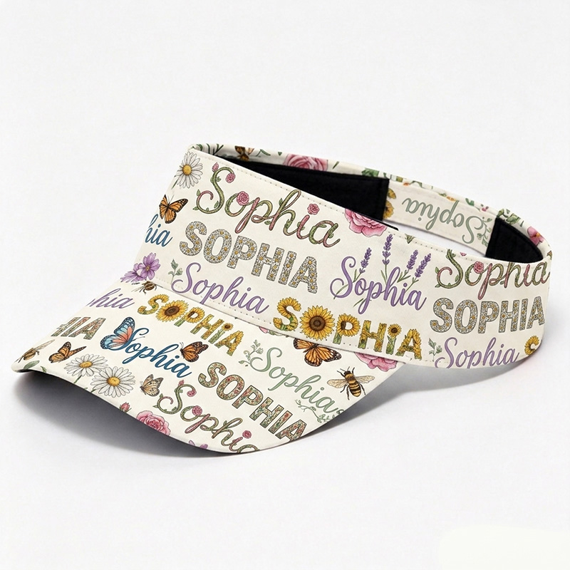 Personalized Flower Script Visor Hat Custom Name Teen Girls Sun Cap Beach Inspired Handwritten Letter Pattern Summer Outdoor Accessory