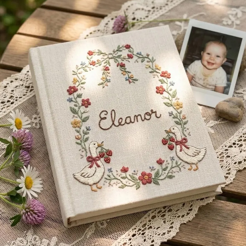Personalized Cottagecore Baby Memory Book Themed Floral Duck Keepsake Design Linen Cover Custom Name Scrapbook