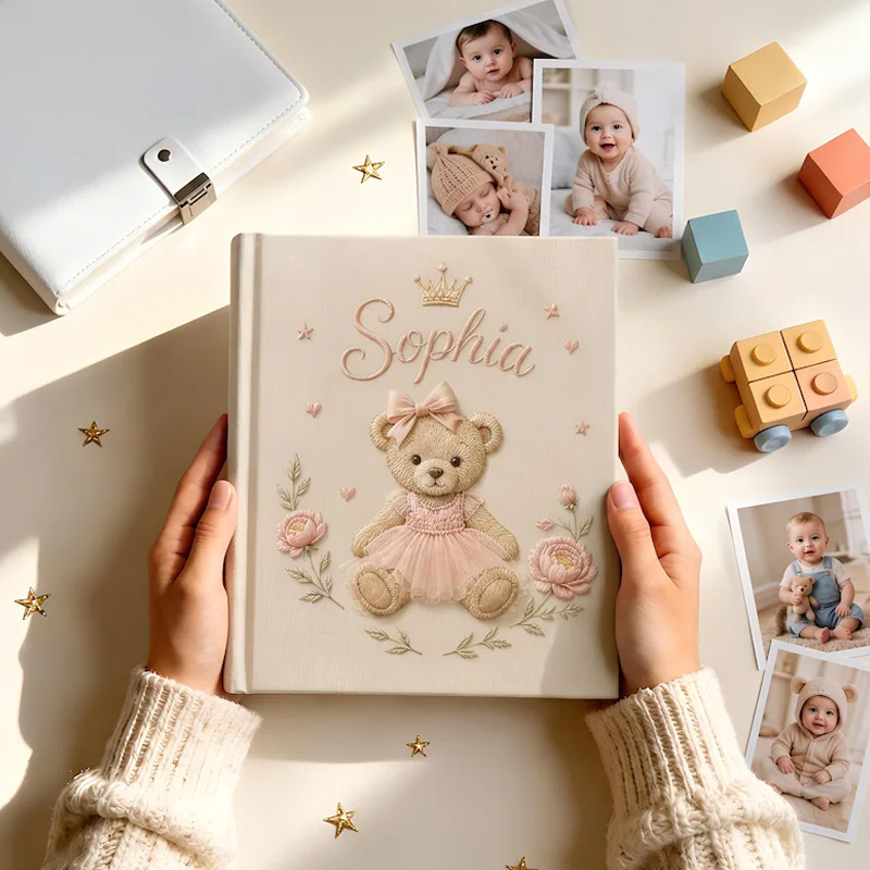 Personalized Princess Teddy Baby Memory Book Themed Crown Bear And Blossoms Design Neutral Linen Cover Custom Name Newborn Keepsake