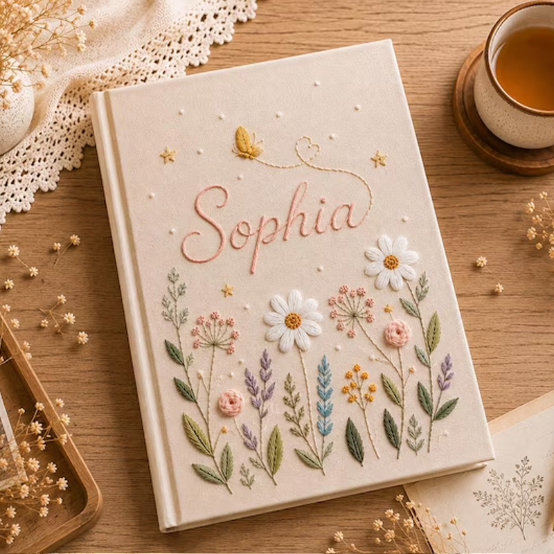 Personalized Cottagecore Baby Journal Themed Whimsical Wildflower Garden Design Linen Cover Custom Name Notebook Keepsake