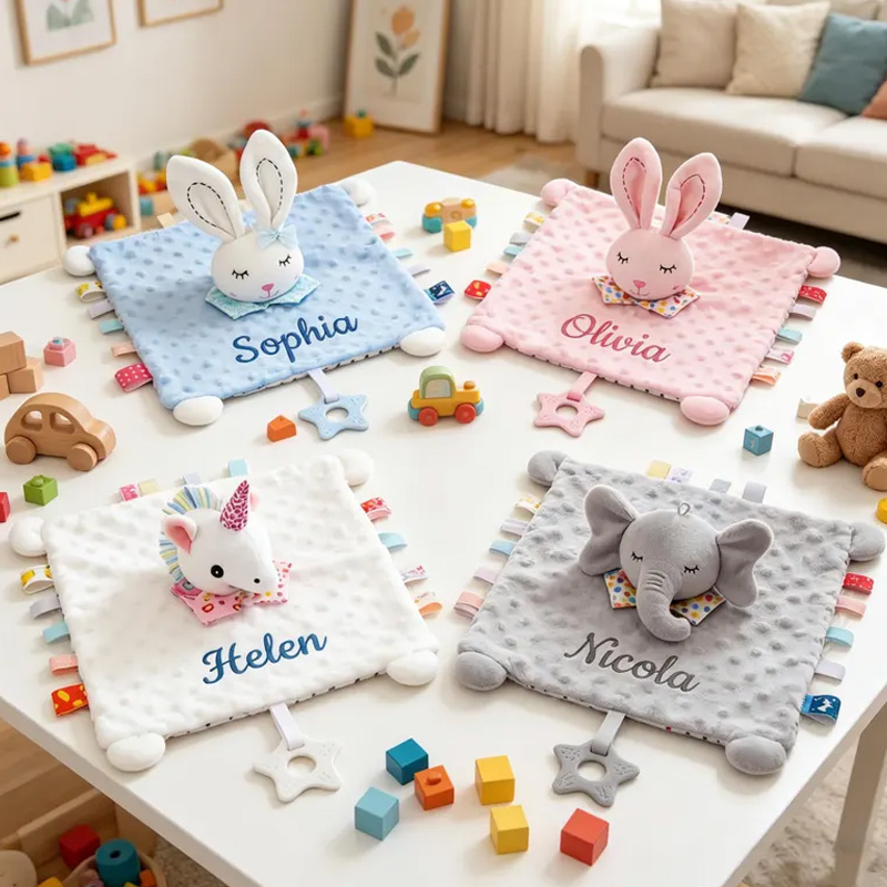 Personalized Embroidered Name Lovey Blanket Themed Cozy Sleep And Comfort Design Soft Pink Minky Dots Custom Name Baby Security Snuggle Toy Crinkle Sensory Security Toy