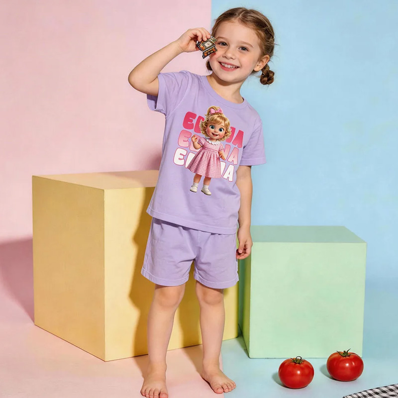 Personalized Cartoon Face Pajama Set, Custom Photo Name Print Girls Crew Neck Short Sleeve Top With Matching Shorts Funny Housewear Suit