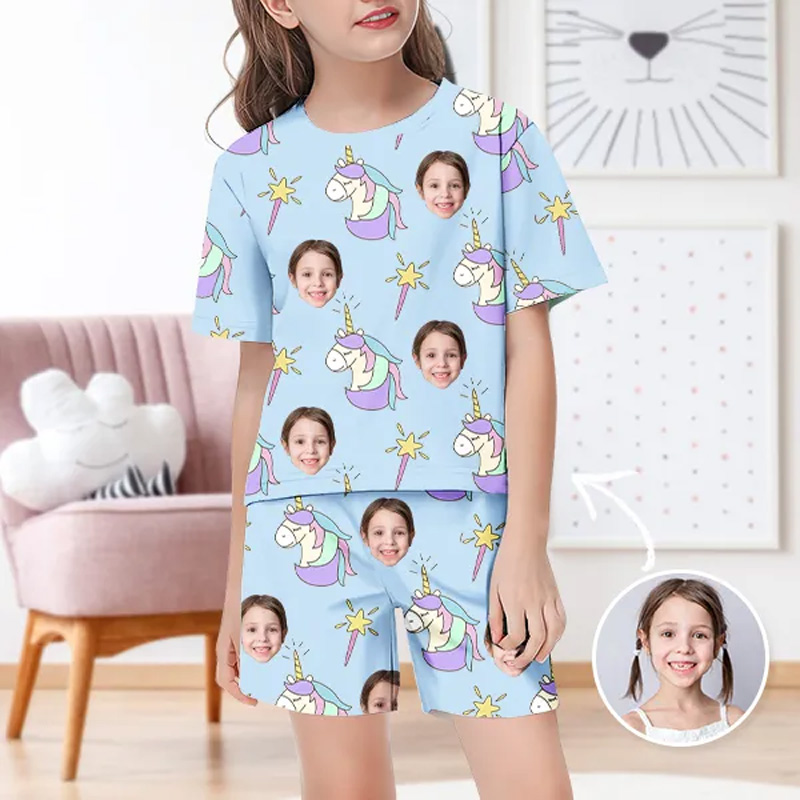 Personalized Face Rainbow Horse Pajamas Crew Neck Short Sleeve Short Pants Red Heart House wear Suit For Kids