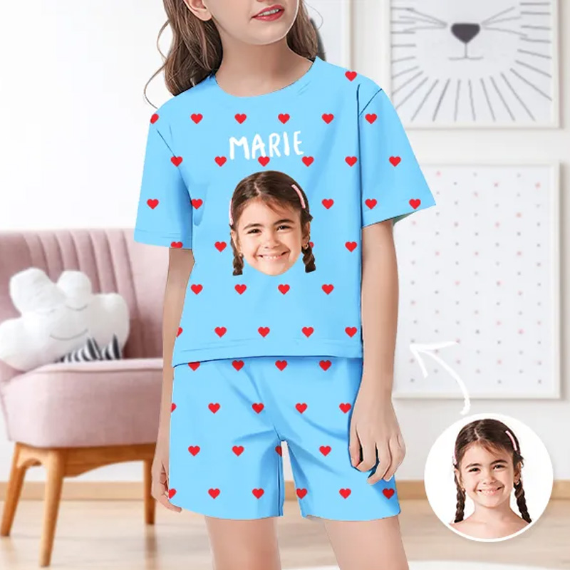 Personalized Face And Name Pajamas Crew Neck Short Sleeve Short Pants Red Heart House-wear Suit For Kids