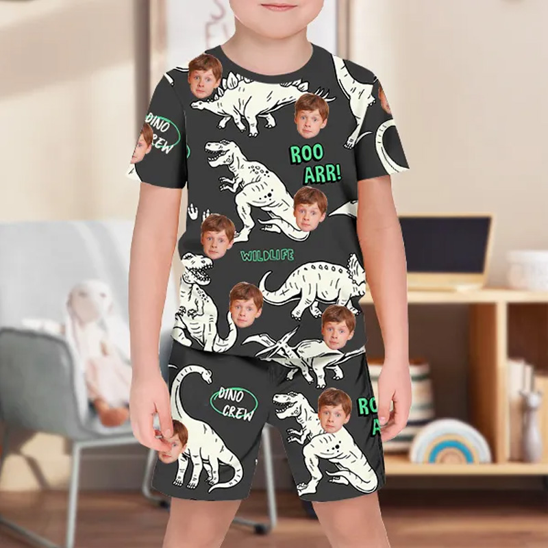 Personalized Dinosaur Photo Fruit Pajamas Crew Neck Short Sleeve Short Pants Face House-wear Suit For Boys For Kids