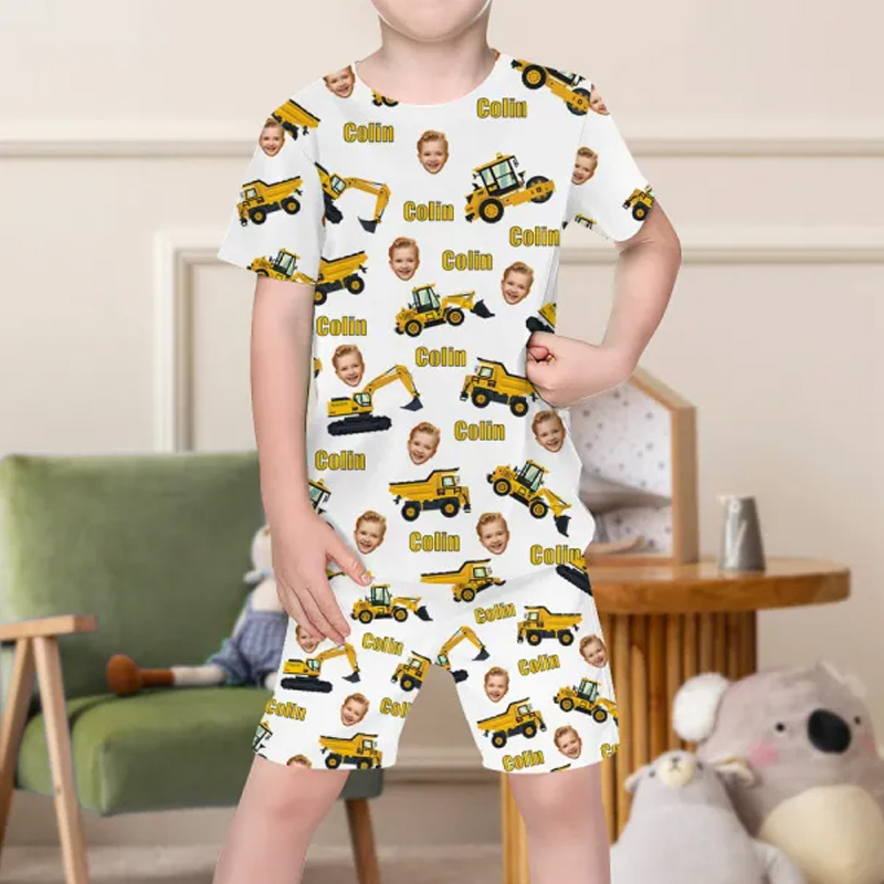 Personalized Engineering Vehicle Photo Pajamas Crew Neck Short Sleeve Short Pants Face Home-wear Suit For Boys For Kids