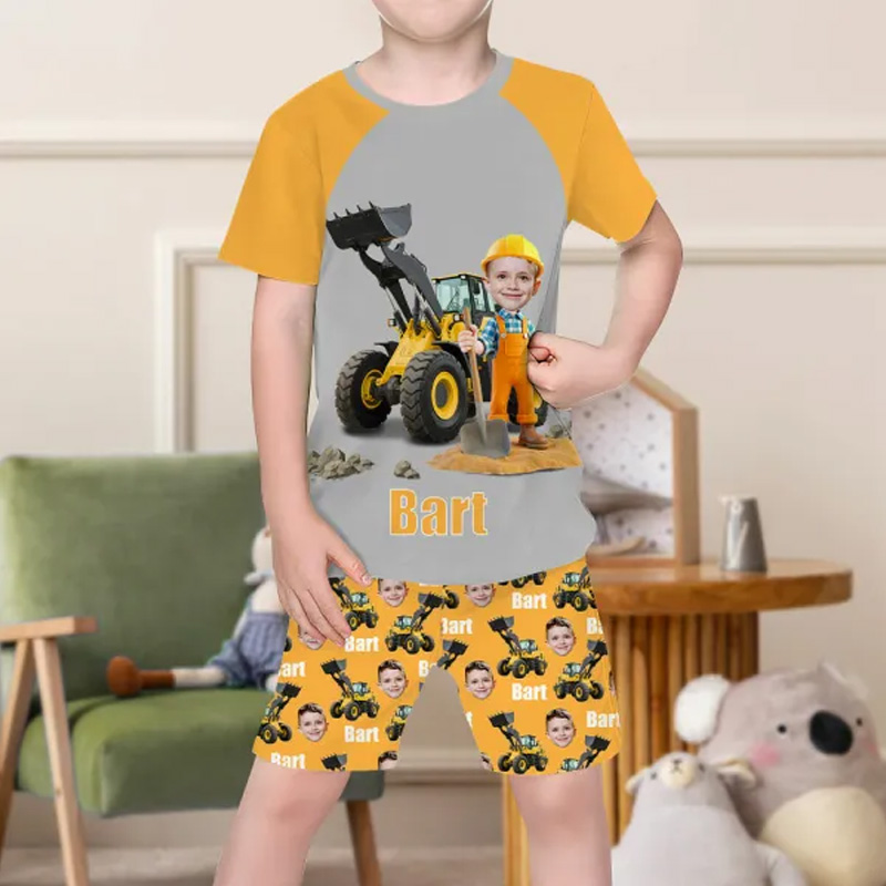Personalized Photo Excavator Pajamas Crew Neck Short Sleeve Short Pants Face House-wear Suit For Boys For Kids
