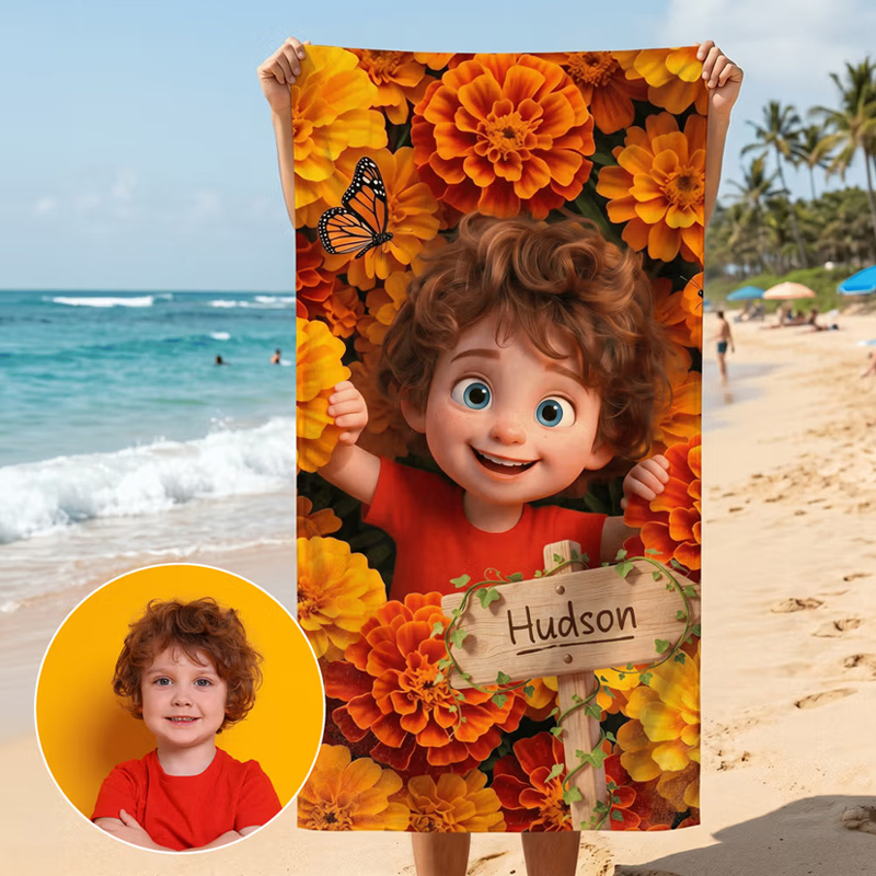 Personalized Birth Flower Cartoon Kid Photo Quick Dry Oversized Microfiber Beach Towel with Name Travel Essentials Beach Party Birthday Gift for Kids