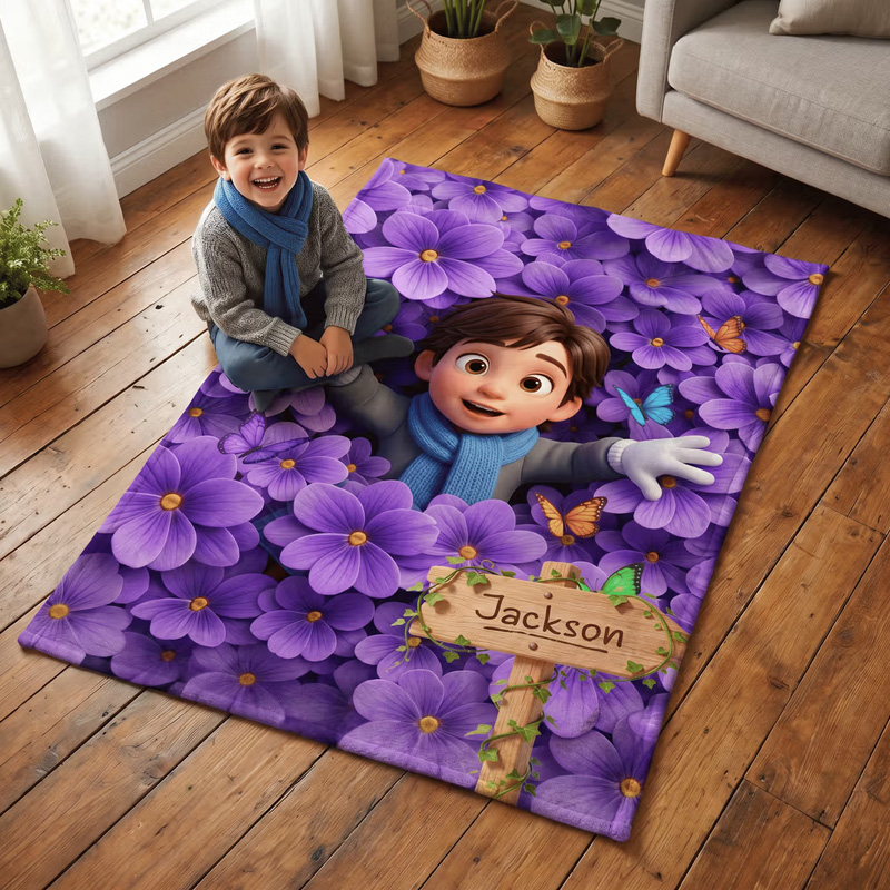 Personalized Birth Flower Cartoon Character Photo Soft Throw Blanket with Name Home Decor Birthday Gift for Kids
