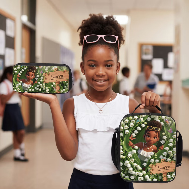Personalized Birth Flower Photo Backpack Pencil Case Lunch Bag Set with Name Back To School Birthday Gift for Kids Boys Girls