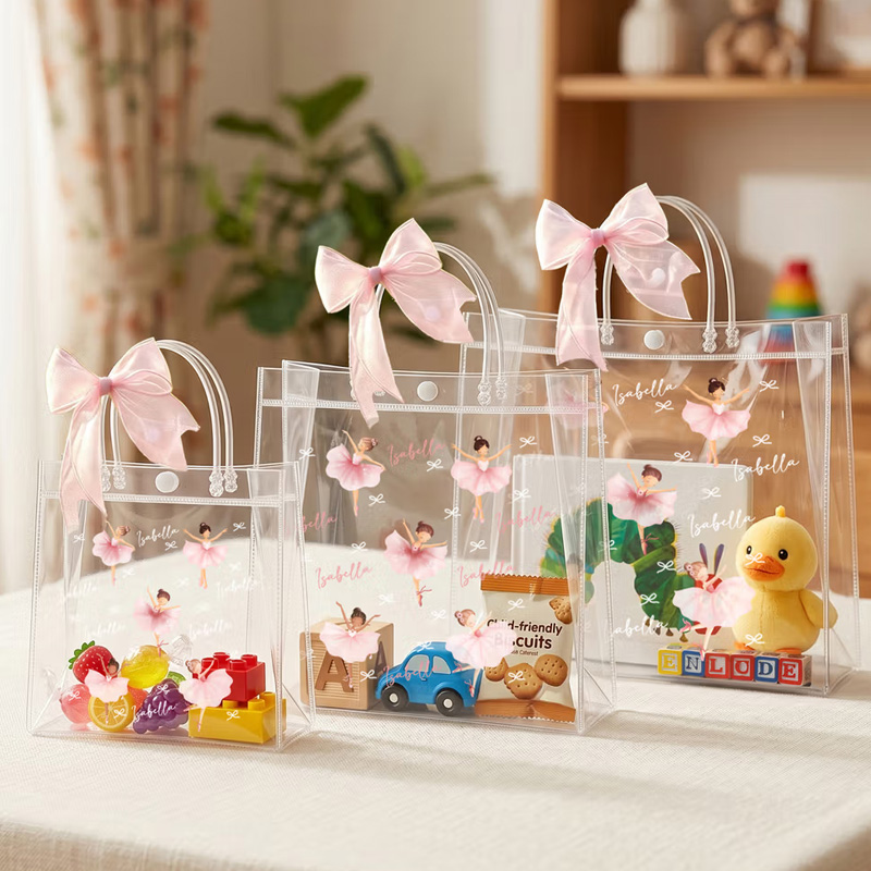 Personalized Ballerina Girl Bow Transparent Gift Bag with Name and Ribbon Daily Use Birthday Gift for Girl Ballet Lover