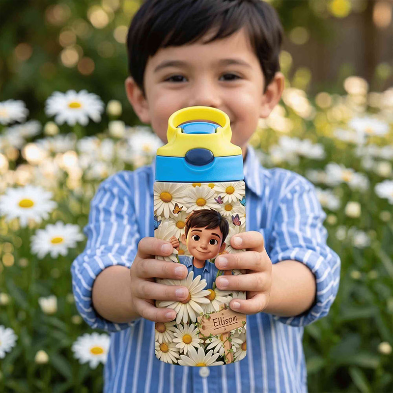 Personalized Birth Flower Water Bottle Themed Magical Garden Adventure Design Custom Kids Photo Leakproof Travel Cup