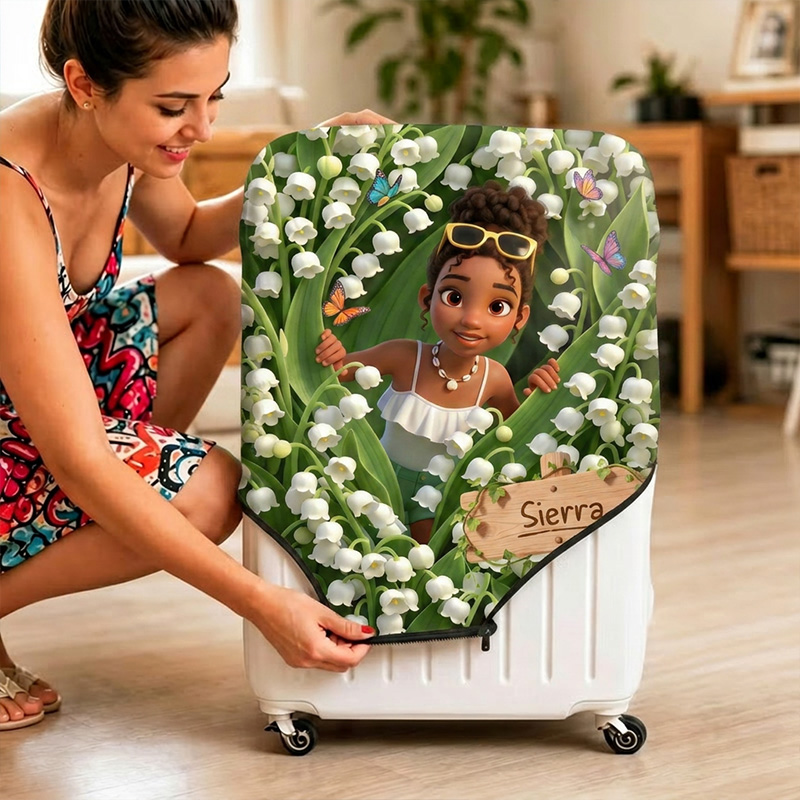 Personalized Birth Flower Luggage Cover Themed Blooming Garden Adventure Design Custom Kids Name and Photo Travel Suitcase Protector