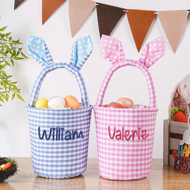 Personalized Unique Custom Name Gingham Bunny Ear Design Holiday Treat Holder Easter Basket