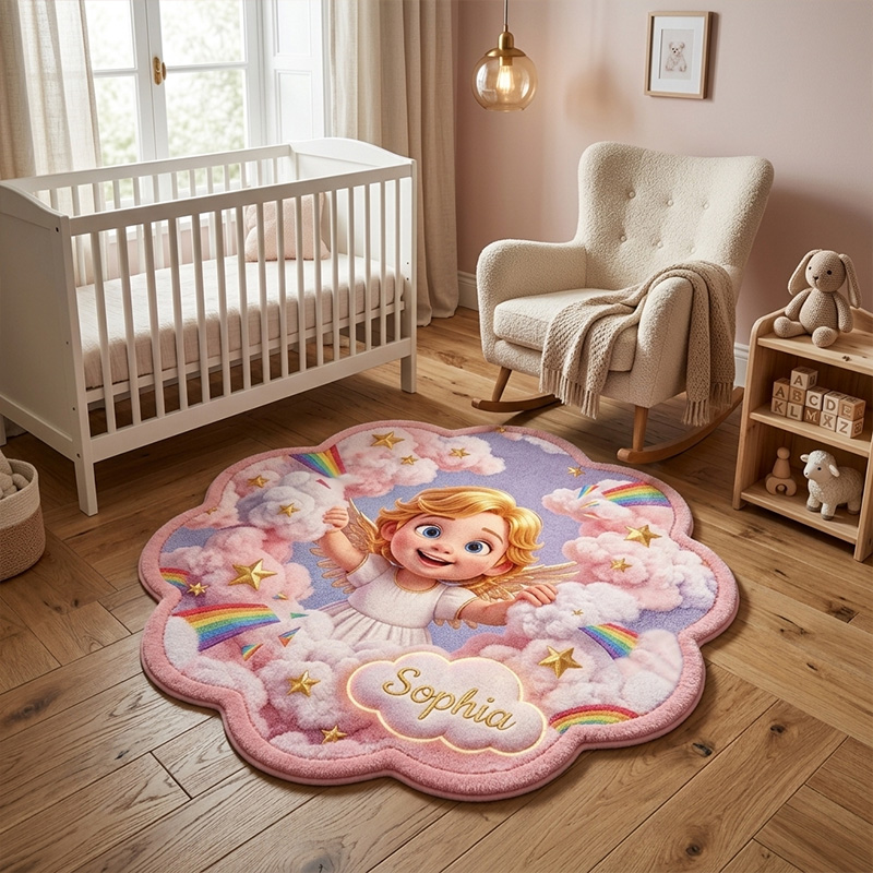 Personalized Angel Rainbow Kids Rug Themed Dreamy Cloud Fantasy Bedroom Decor Design Soft Custom Name Play Mat For Girls