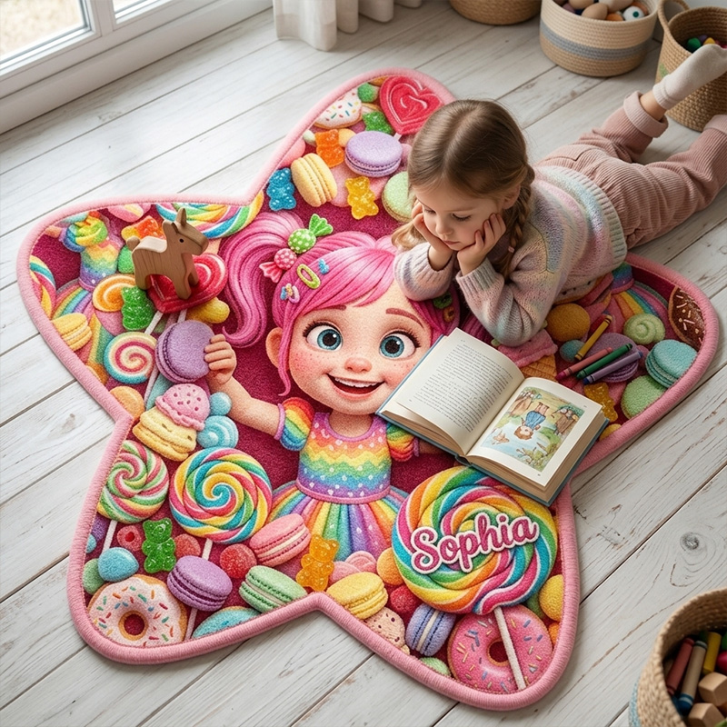 Personalized Candy Fairy Kids Rug Themed Sweet Treat Rainbow Fantasy Bedroom Decor Design Soft Custom Name Star Shaped Play Mat