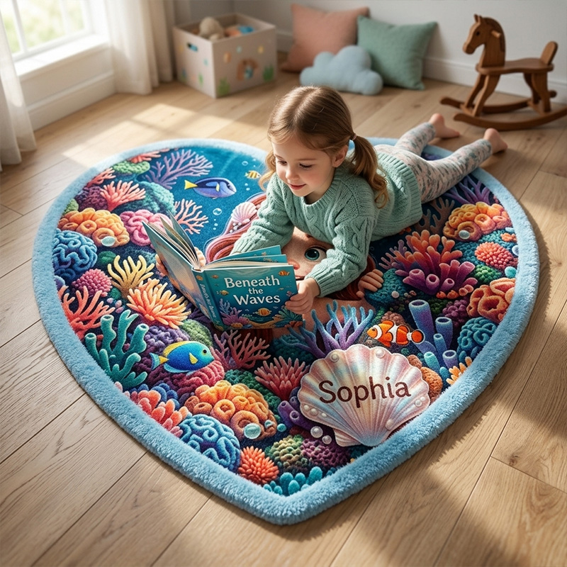 Personalized Ocean Mermaid Kids Rug Themed Underwater Coral Reef Adventure Bedroom Decor Design Soft Custom Name and Baby Photo Heart Shaped Play Mat