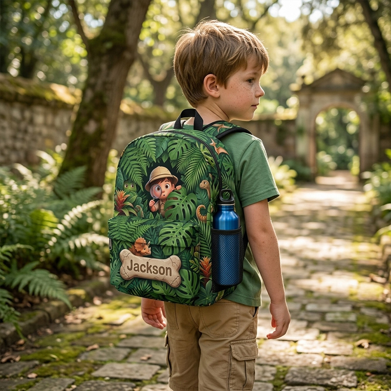Personalized Jungle Explorer Kids Backpack Themed Adventure Safari School Bag Design Custom Name and Baby Photo Travel Daypack