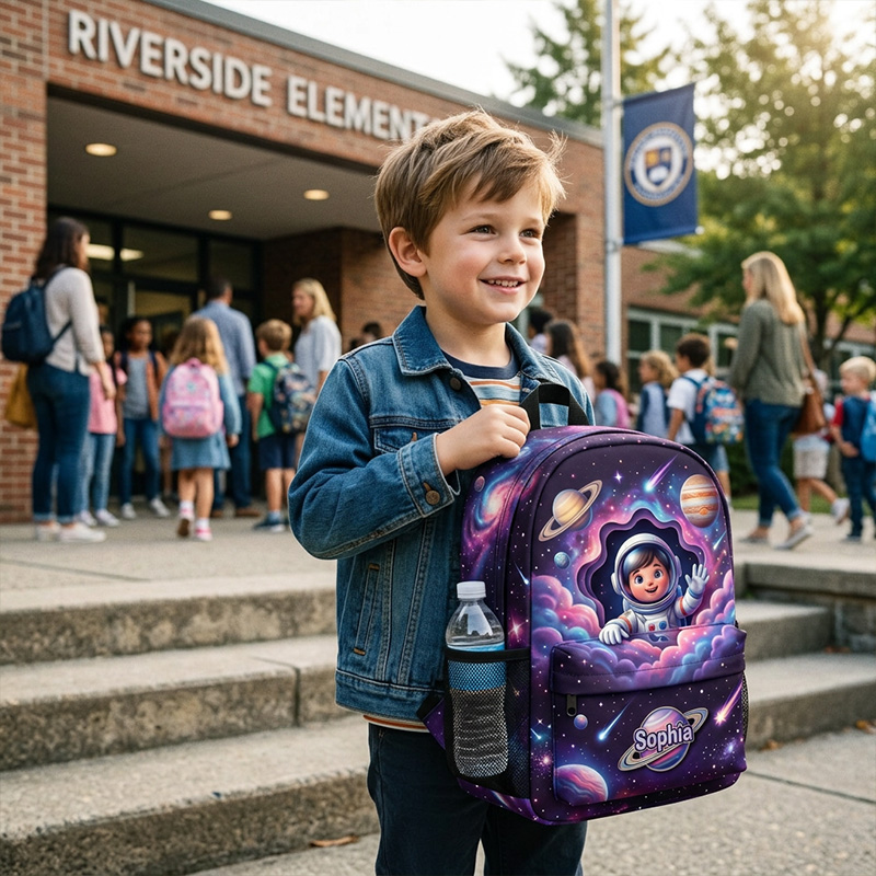 Personalized Space Astronaut Kids Backpack Themed Galaxy Planet School Bag Design Custom Name and Kid Photo Cosmic Pattern Travel Daypack