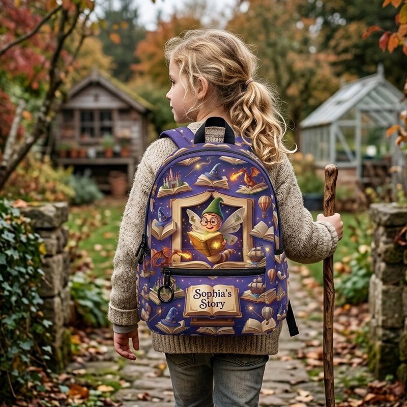 Personalized Fairy Tale Storybook Kids Backpack Themed Magic Reading Adventure School Bag Design Custom Name Enchanted Pattern