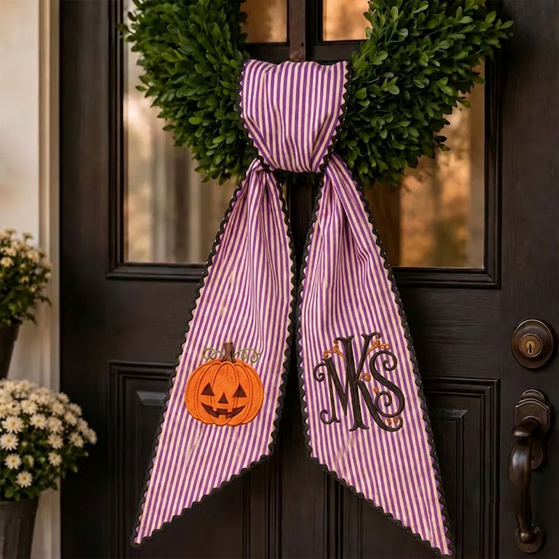 Personalized Embroidered Pumpkin Monogram Ribbon Themed Fall Harvest Decor Design Custom Initial For Door Halloween Wreath Sash