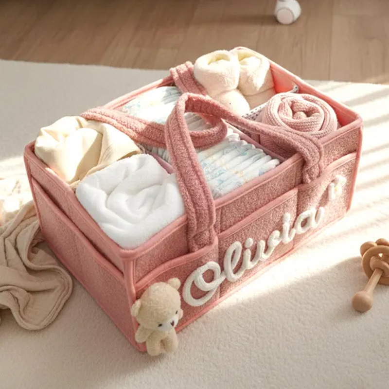 Personalized Plush Baby Storage Basket Soft Bin Side Pockets Custom Nursery Organizer with Charm